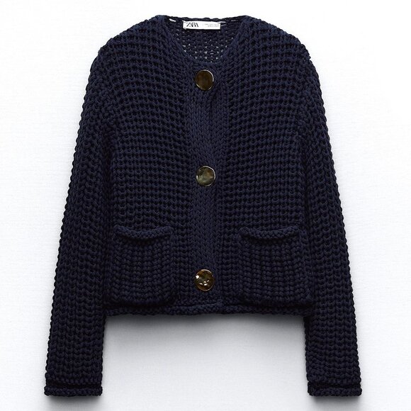 Zara Navy Chunky Knit Cardigan - Picture 1 of 8
